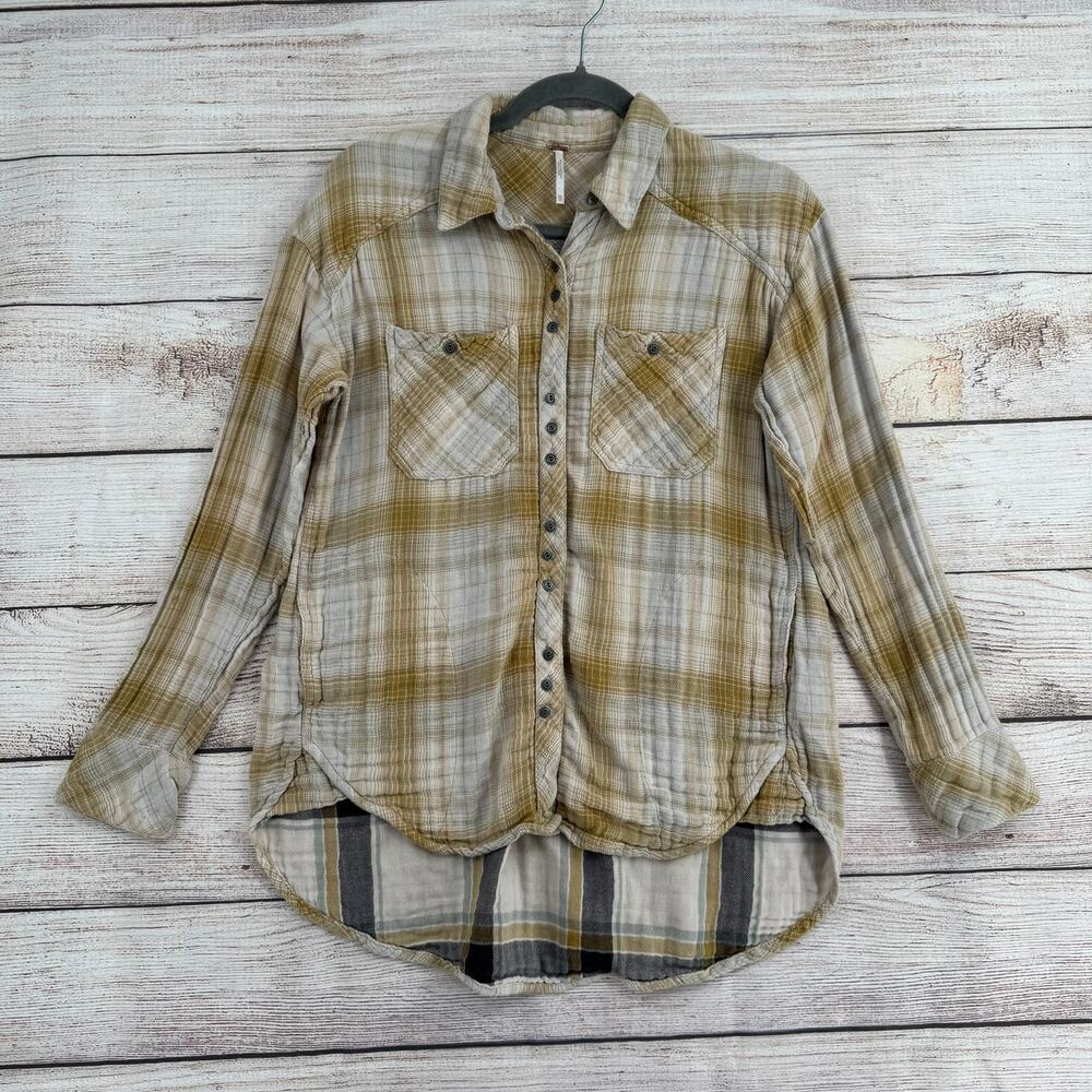 Free‎ People Plaid Button Down 4 Pocket Shirt Womens XS Beige Tan